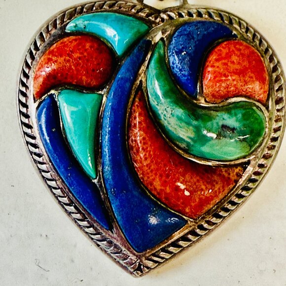 Sterling Silver Turquoise Coral Lapis Inlay Heart Pendant - Picture 3 of 4